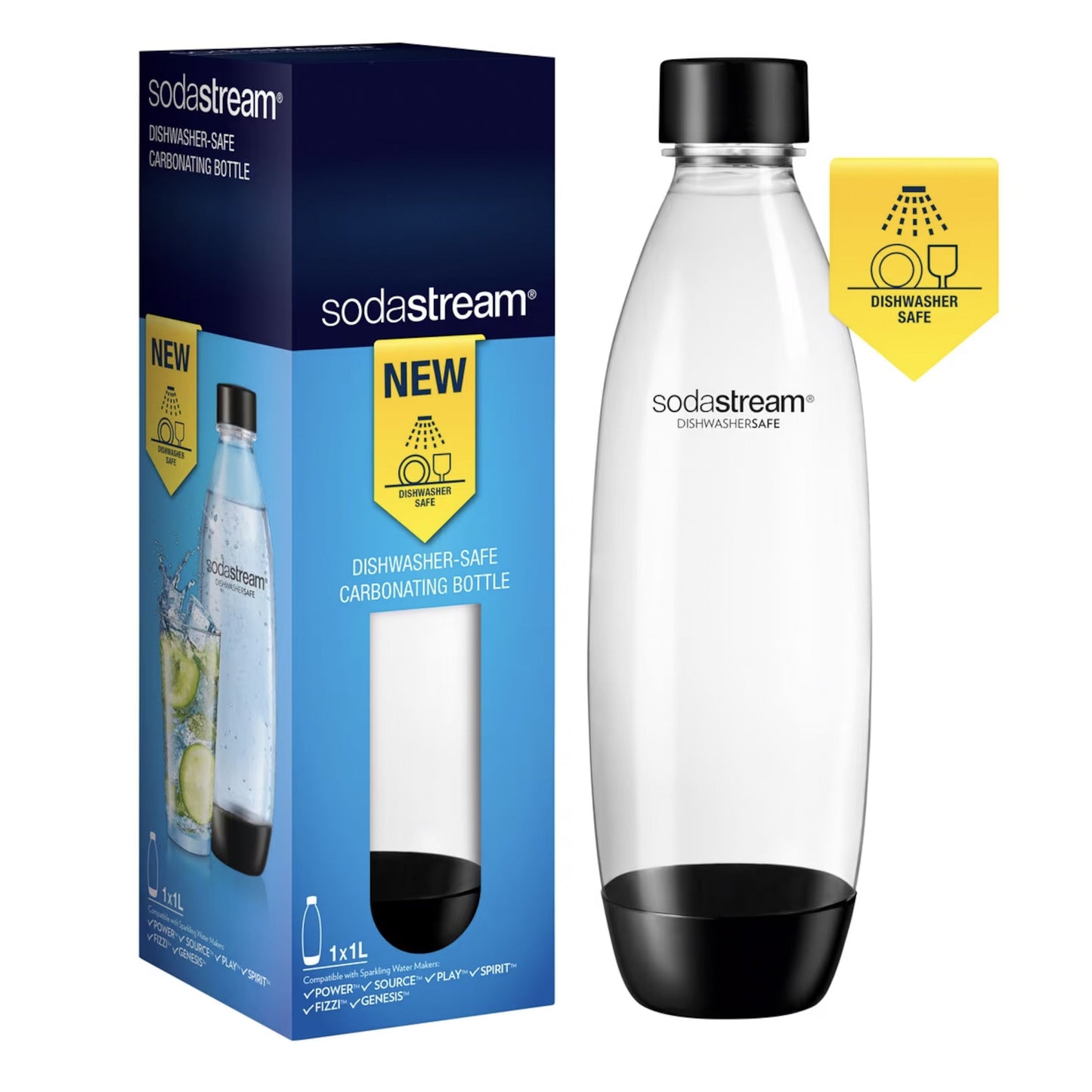 Sodastream flaske 1 l med sort låg og bund, blå æske med teksten "New Dishwasher-Safe Carbonating Bottle", gul badge.