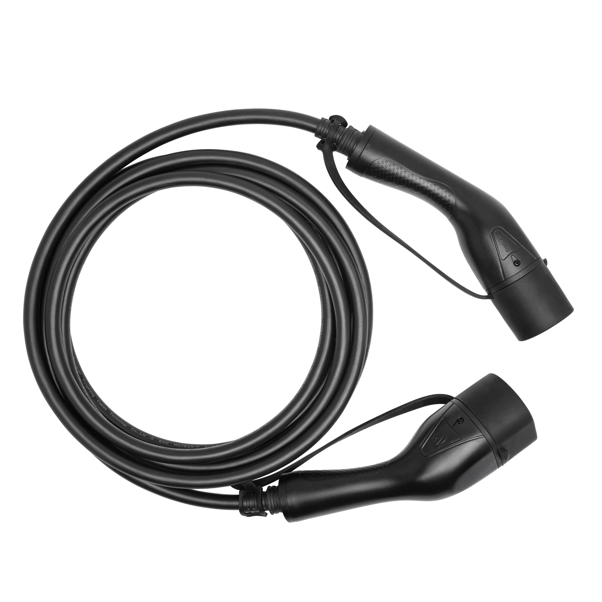 Opladningskabel type 2 til elbil 11 kW 3 faser, sort, 5 m, stik i begge ender, kabel oprullet.
