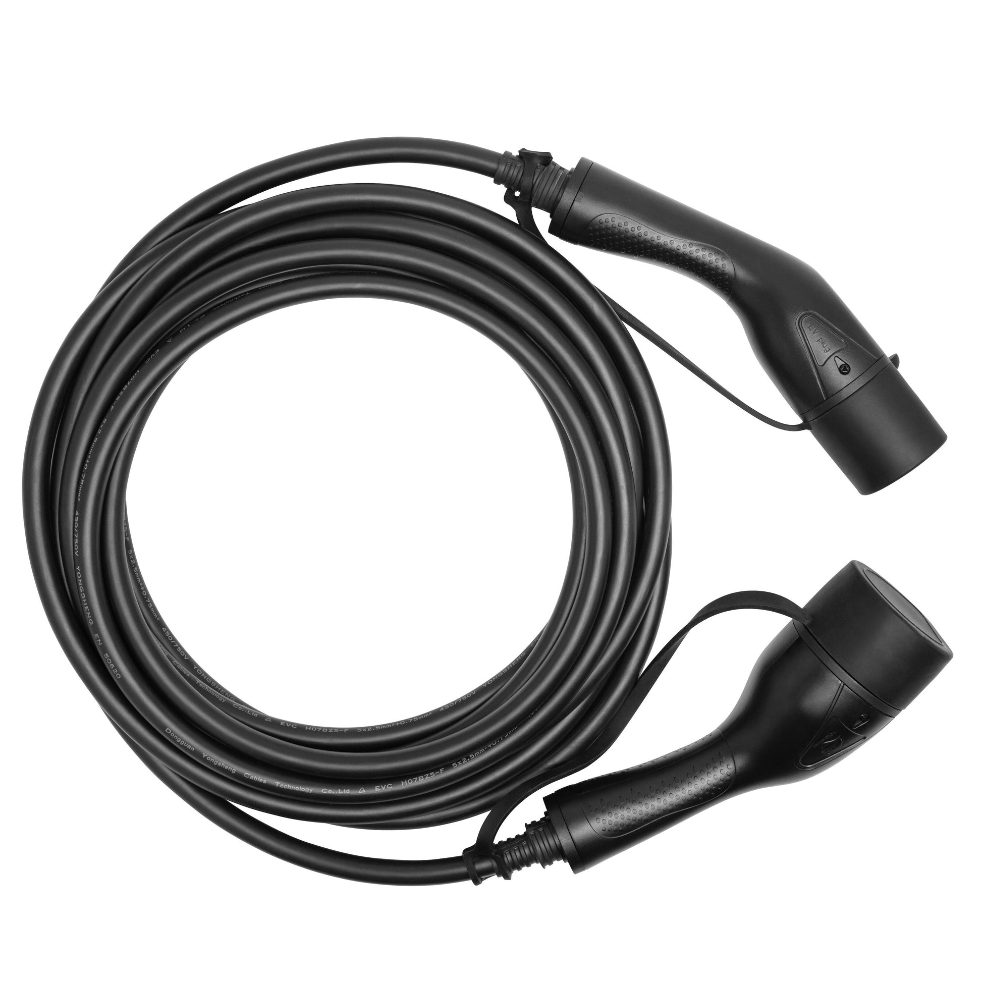 Opladningskabel Type 2 til elbil 11 kW 3-fase 8 m, sort spiral, pistolgreb-stik og stor Type 2 fatning.