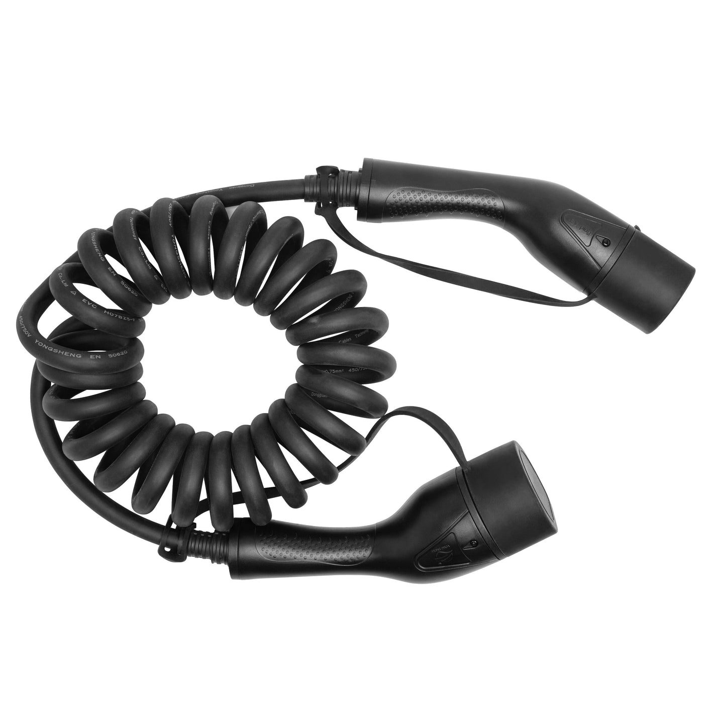Luxorparts Type 2 spiral ladekabel 11 kW, 5 m, sort, stik i begge ender til elbil.
