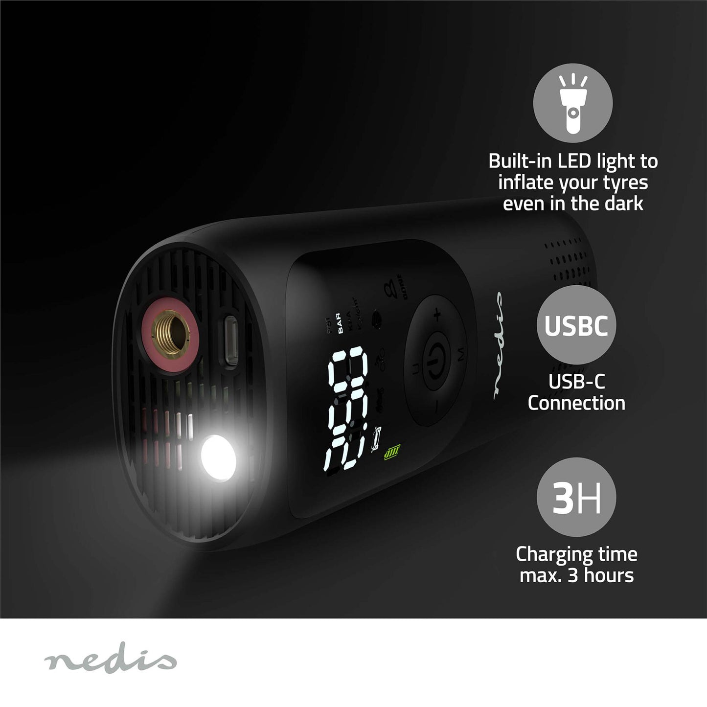 Nedis Genopladelig luftkompressor sorterer digital dækpumpe med display, powerknap, LED-lys og USB-C opladning.