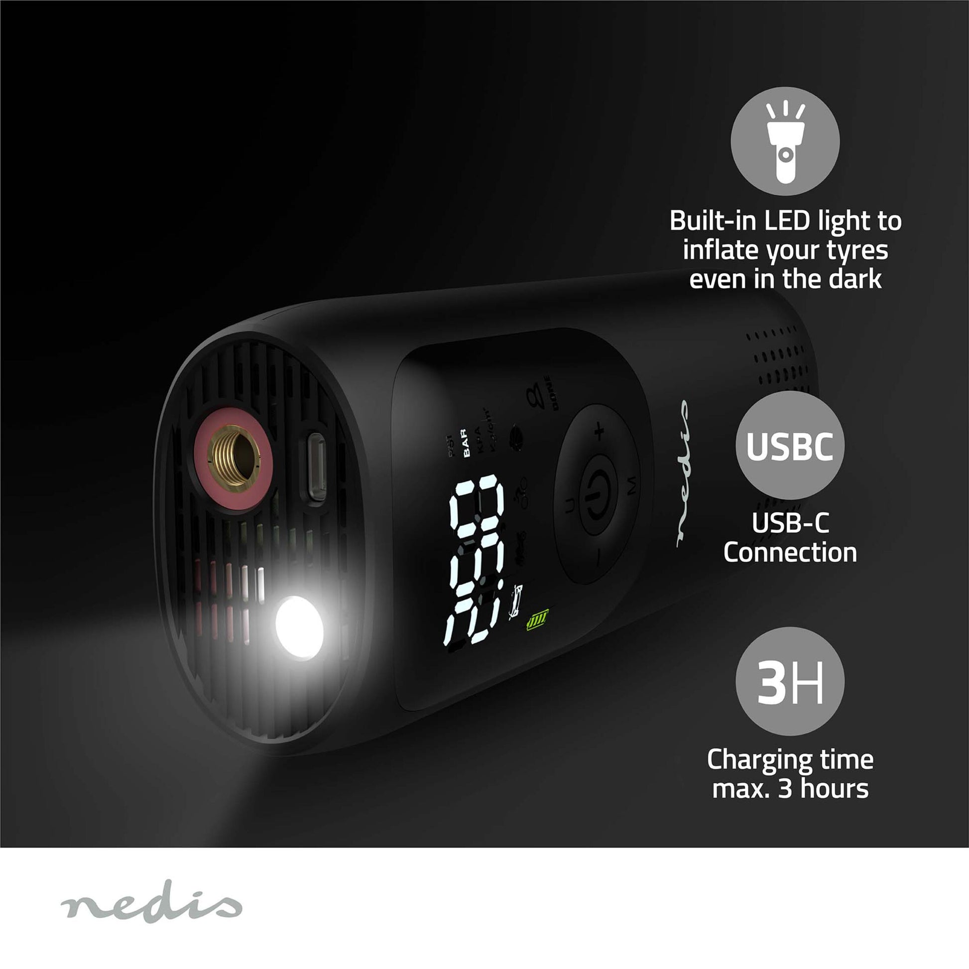 Nedis Genopladelig luftkompressor sorterer digital dækpumpe med display, powerknap, LED-lys og USB-C opladning.