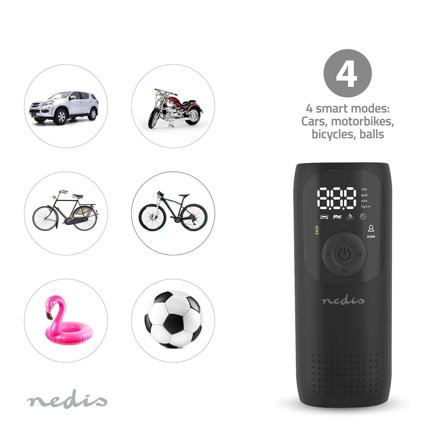 Nedis genopladelig sort luftkompressor, LED-display, knapper, ikoner til bil, motorcykel, cykel, badelegetøj og bold.