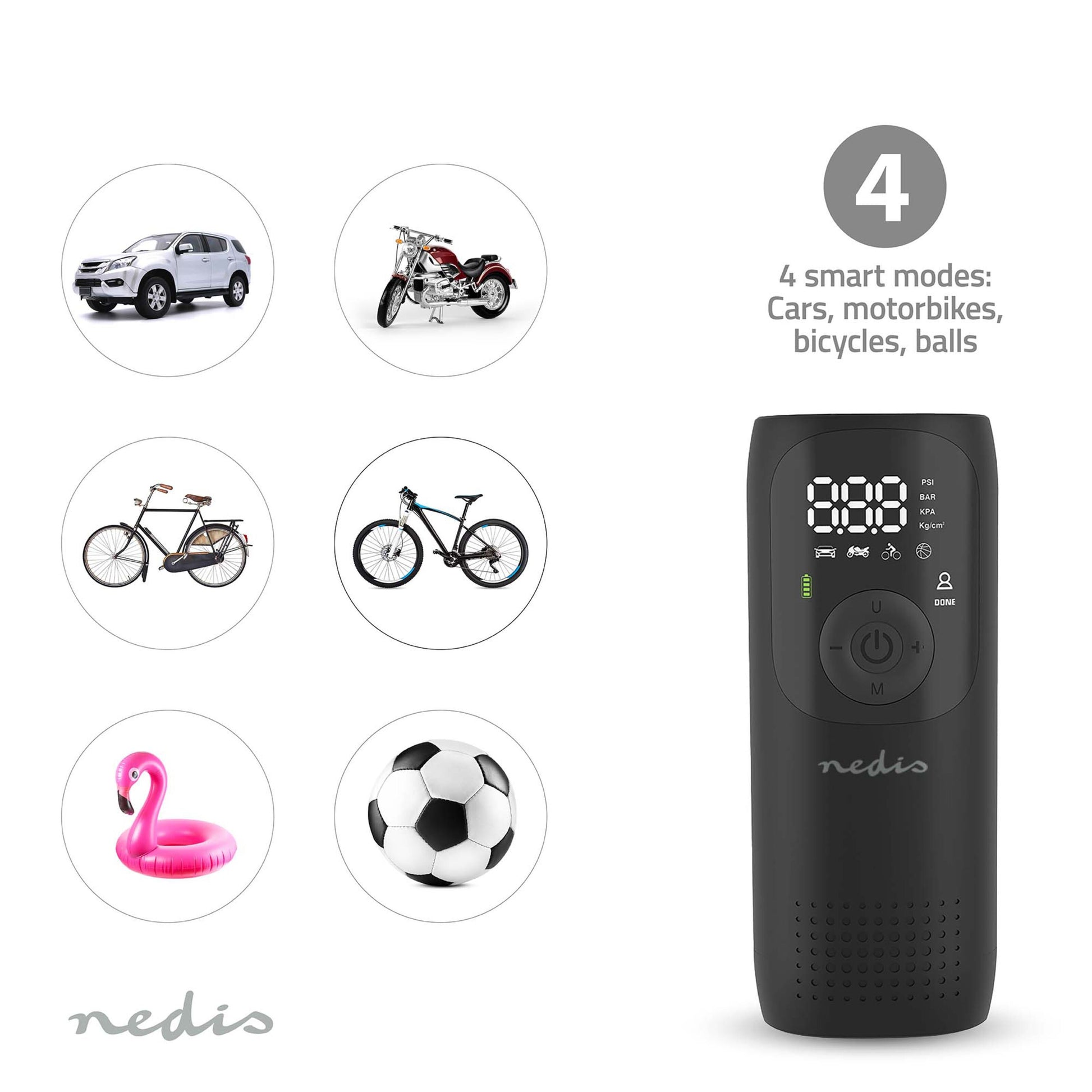 Nedis genopladelig sort luftkompressor, LED-display, knapper, ikoner til bil, motorcykel, cykel, badelegetøj og bold.