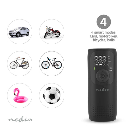 Nedis genopladelig sort luftkompressor, LED-display, knapper, ikoner til bil, motorcykel, cykel, badelegetøj og bold.