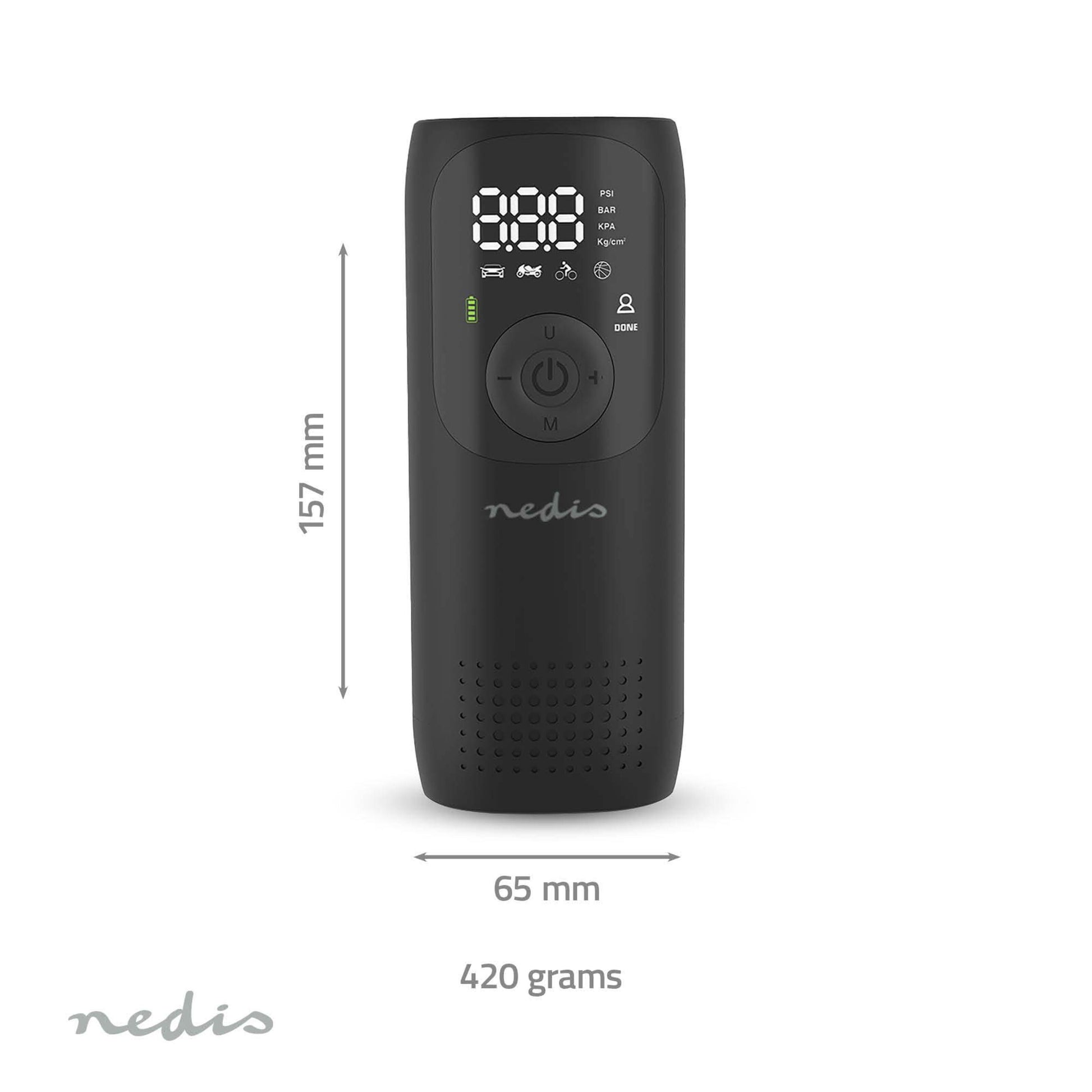Nedis Genopladelig luftkompressor, sort, digital display, kontrolknapper, indikatorlys, 157x65 mm, 420 g, Nedis logo nederst.