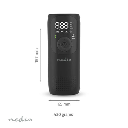 Nedis Genopladelig luftkompressor, sort, digital display, kontrolknapper, indikatorlys, 157x65 mm, 420 g, Nedis logo nederst.