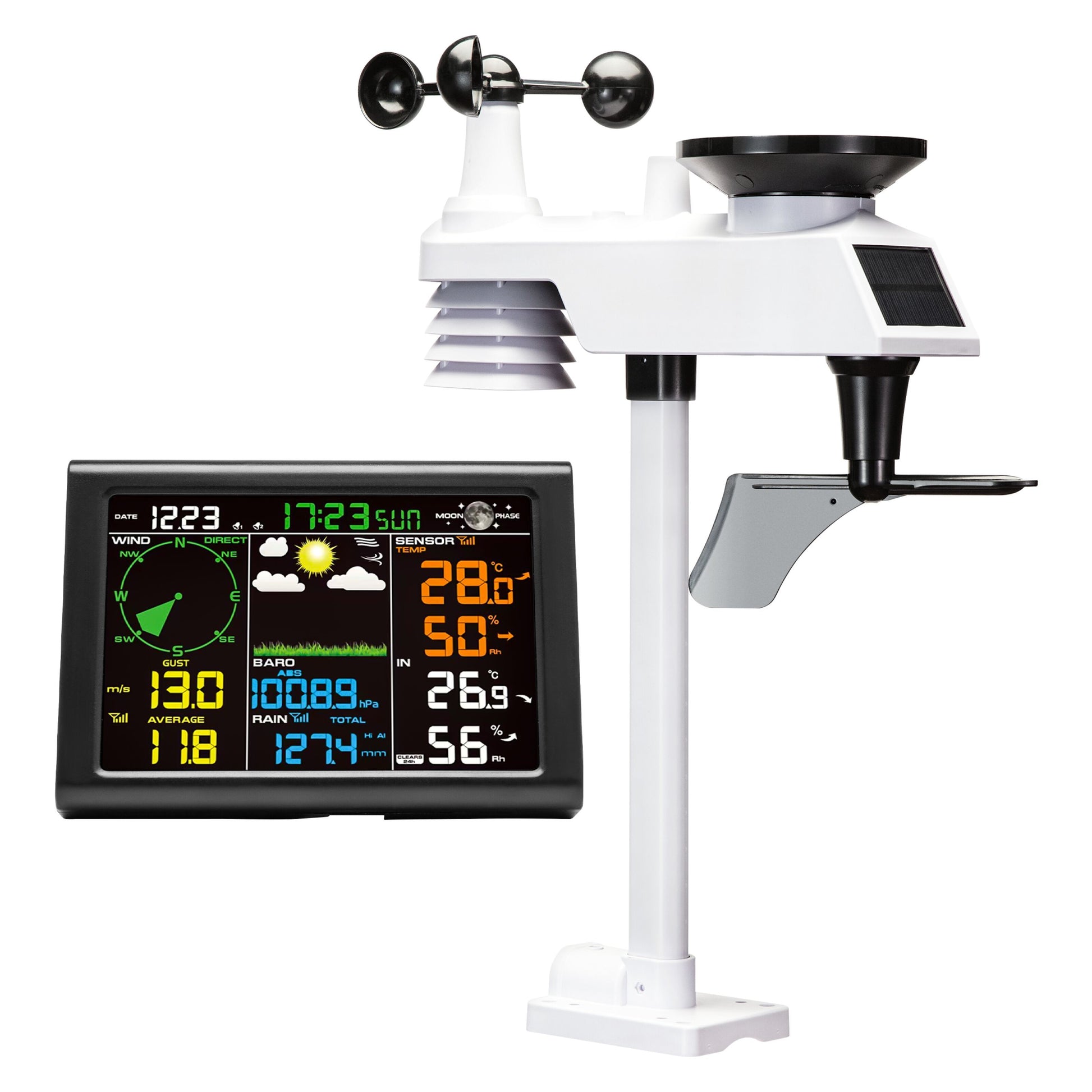 Luxorparts trådløs vejrstation, digitalt display, hvid sensor med vindmålerkopper, regnmåler og sensorer.