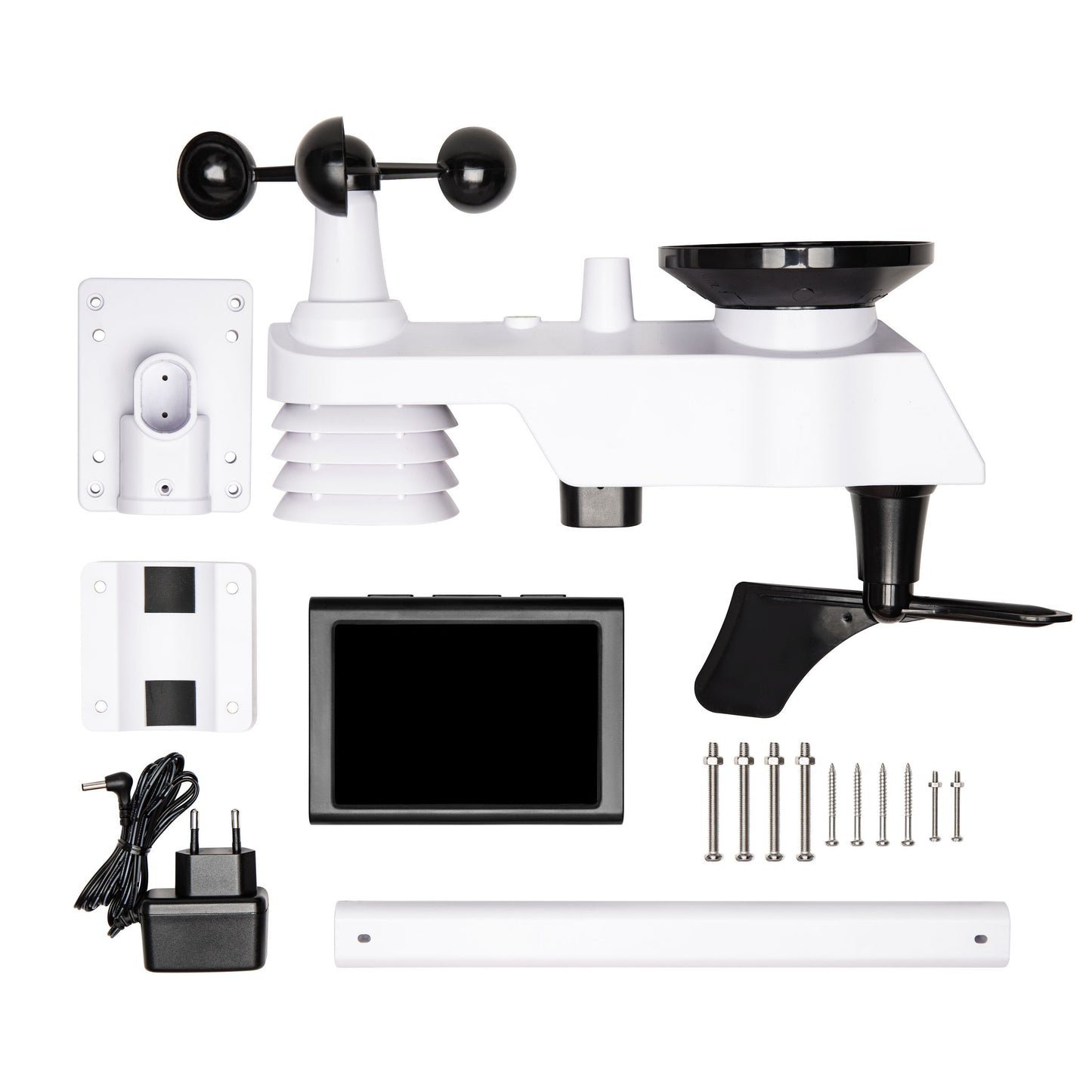 Luxorparts Trådløs Vejrstation kit, hovedsensor, display, strømadapter, monteringsbeslag, skruer, hvid monteringsstang.