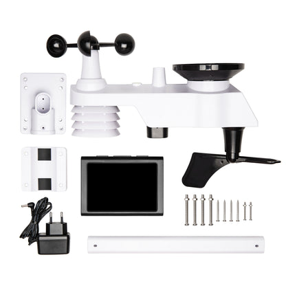 Luxorparts Trådløs Vejrstation kit, hovedsensor, display, strømadapter, monteringsbeslag, skruer, hvid monteringsstang.