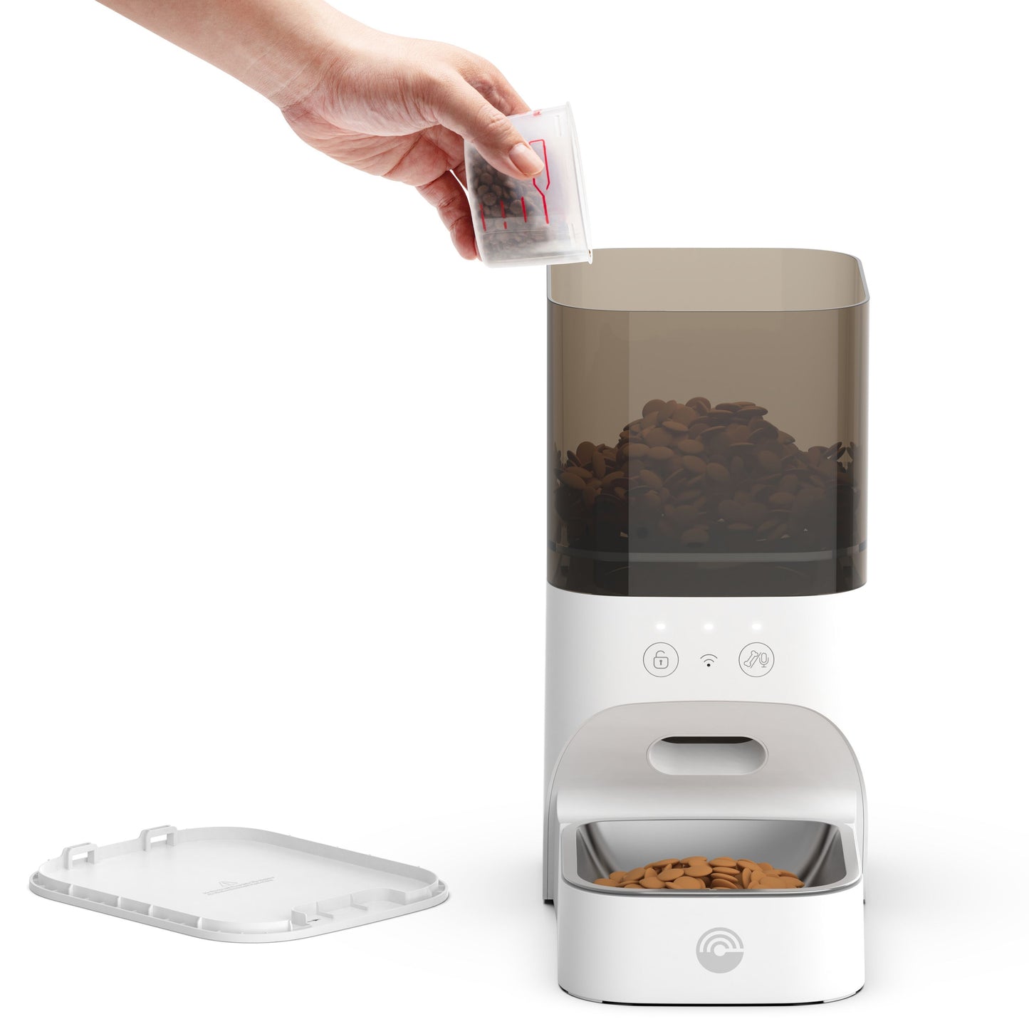Cleverio PF100 Smart foderautomat hvid, røgfarvet beholder, skål i rustfrit stål, Wi-Fi-styring, løst låg.