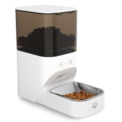 Cleverio PF100 Smart foderautomat med gennemsigtig beholder, hvid bund, skål i rustfrit stål, app-styret tørfoderdispens.