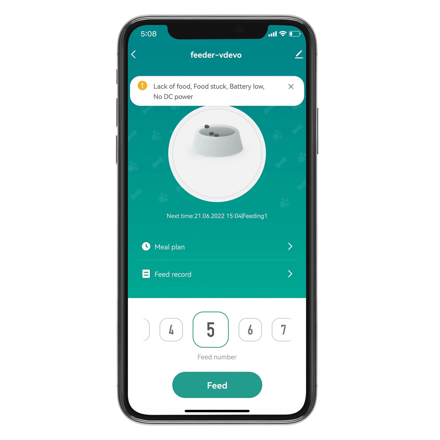 Cleverio PF100 Smart foderautomat vist i app på smartphone med fodertal, advarsler og måltidsoversigt.