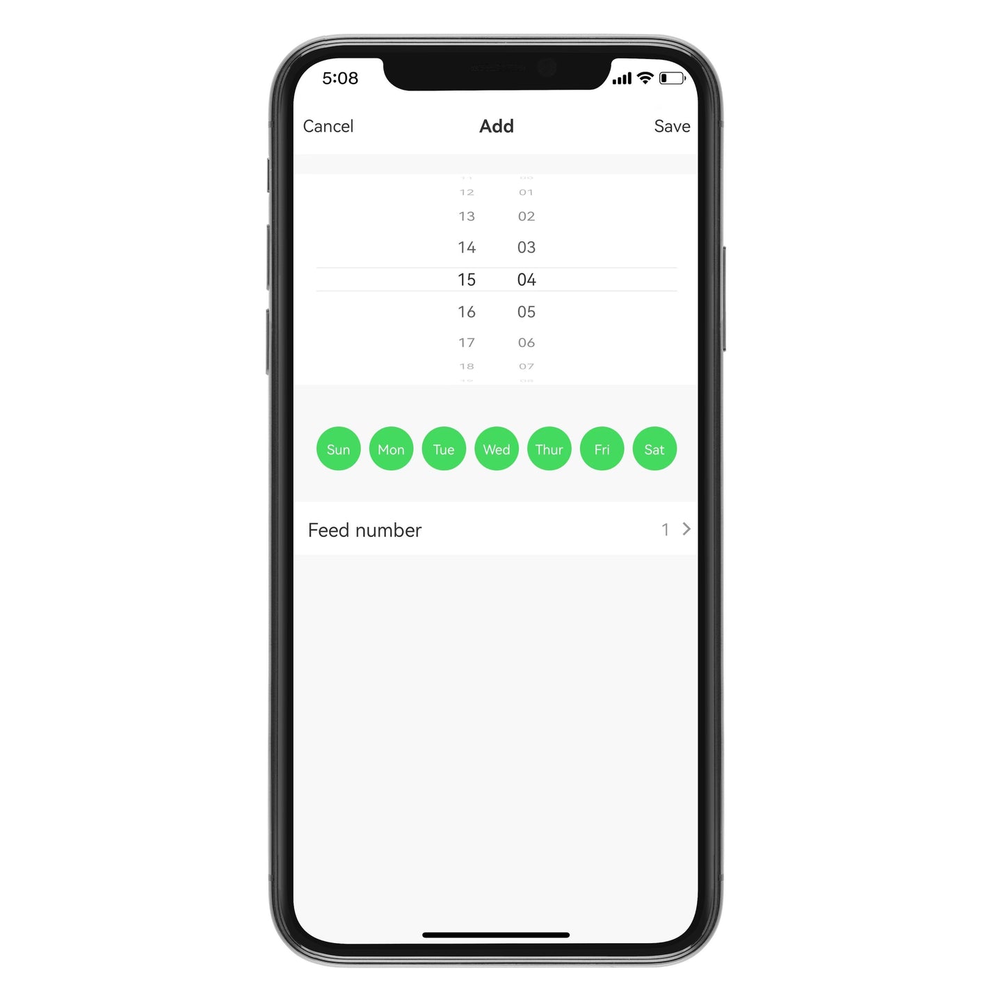 Cleverio PF100 Smart foderautomat app på smartphone med 15:04 tidsvælger, markerede dage og "Feed number 1" sektion.