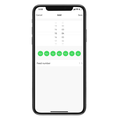 Cleverio PF100 Smart foderautomat app på smartphone med 15:04 tidsvælger, markerede dage og "Feed number 1" sektion.