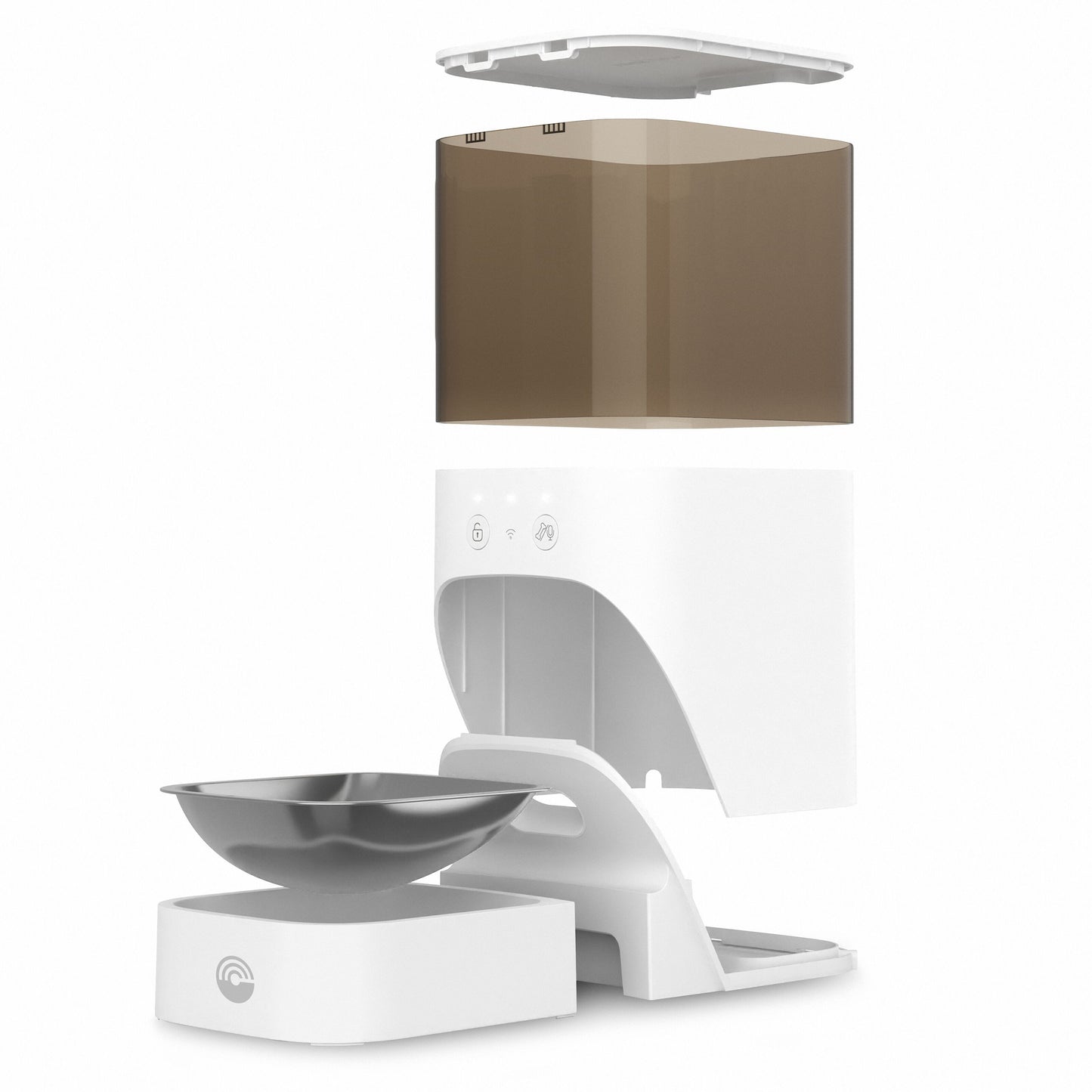 Cleverio PF100 Smart foderautomat, base med foderskål, hoveddel med touchknapper, transparent beholder, låg, app-kompatibel.