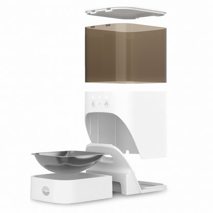 Cleverio PF100 Smart foderautomat, base med foderskål, hoveddel med touchknapper, transparent beholder, låg, app-kompatibel.