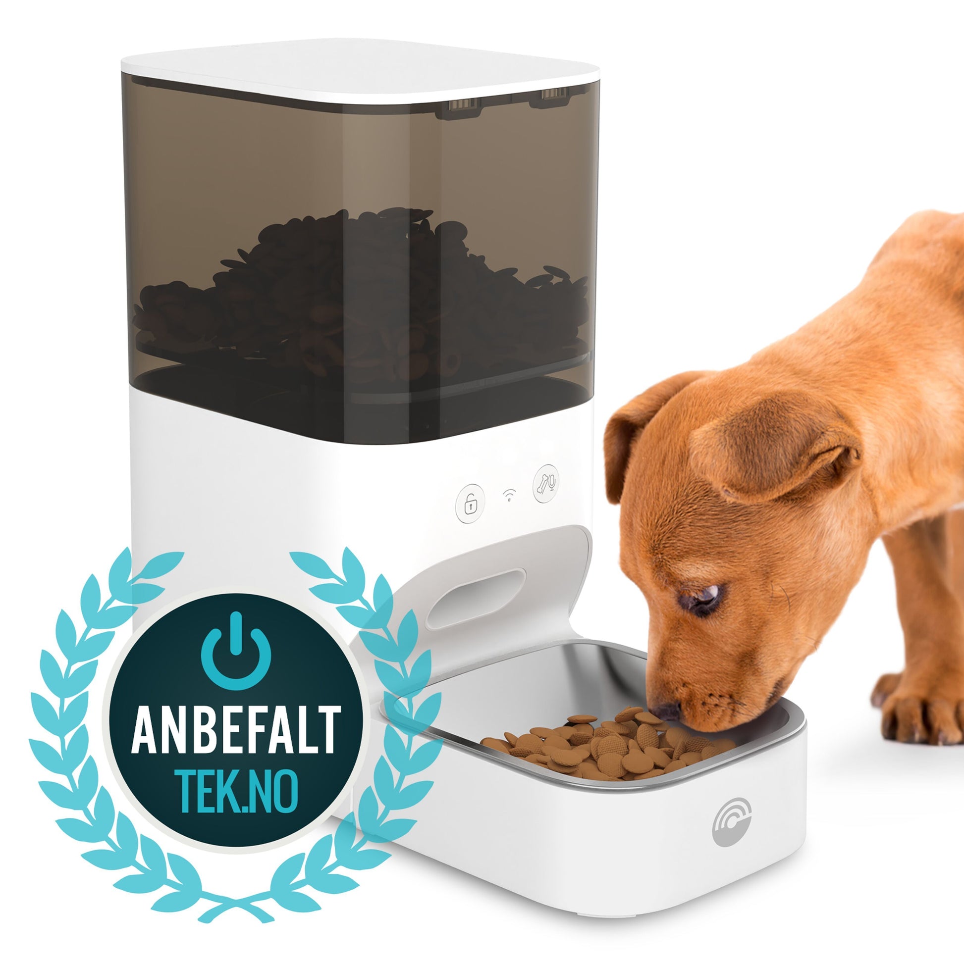 Cleverio PF100 Smart foderautomat sæt med lille brun hvalp, badge med laurbærkrans og "ANBEFALT TEK.NO.