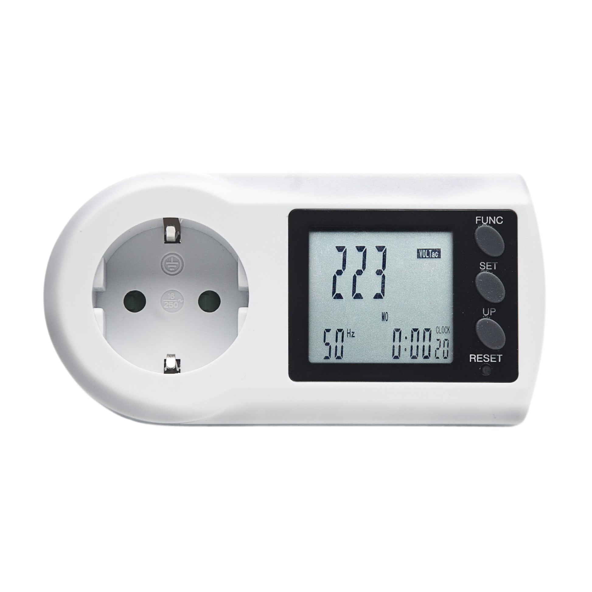 Luxorparts energimåler med LCD-display, viser 223V, 50Hz og tid, FUNC/SET/UP/RESET knapper, Schuko-udtag venstre.