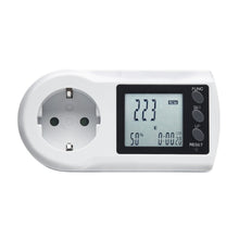 Luxorparts energimåler med LCD-display, viser 223V, 50Hz og tid, FUNC/SET/UP/RESET knapper, Schuko-udtag venstre.