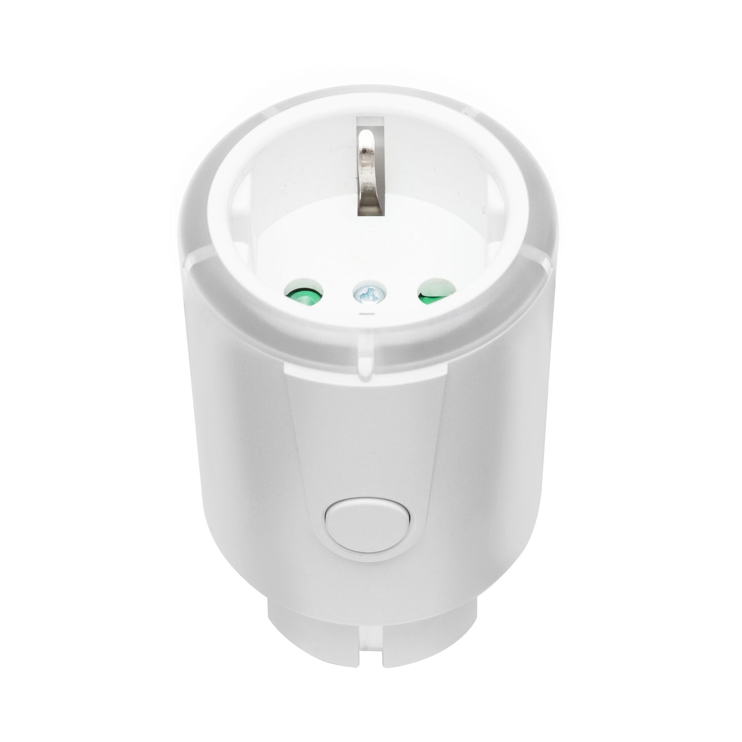 Luxorparts Sikkerhedstimer 15-75 min rund hvid adapter med to runde stik, centerstifthul og sideknap.