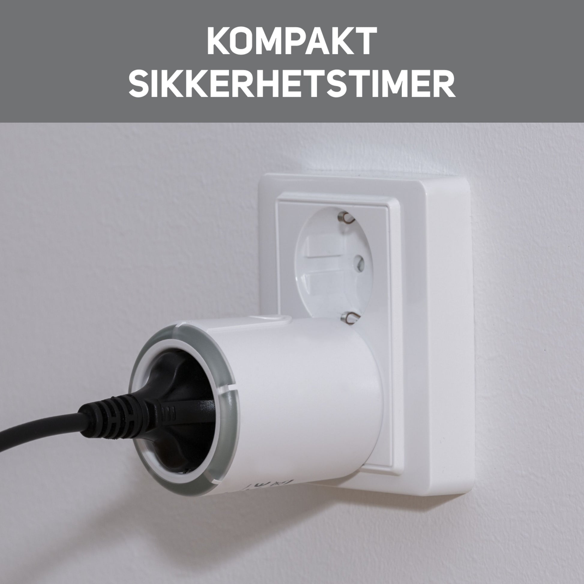 Luxorparts sikkerhedstimer 15-75 min hvid tilsluttet vægkontakt, tekst "Luxorparts SIKKERHEDSTIMER" øverst.
