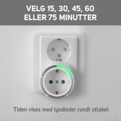 Luxorparts Sikkerhedstimer 15-75 minutter adapter med grøn LED, norsk tekst, tidsvalg 15/30/45/60/75 min.