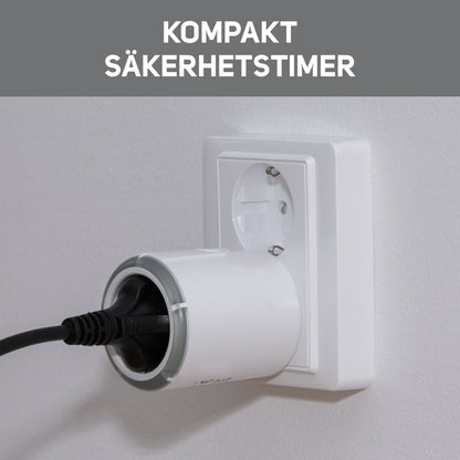 Luxorparts Sikkerhedstimer 15-75 min i stikkontakt med sort ledning, svensk tekst Kompakt Säkerhetstimer på grå banner.