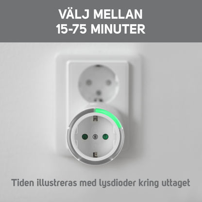 Sikkerhedstimer 15-75 minutter hvide/grønne LED-indikatorer, kan tilsluttes stikkontakt, svensk tekst viser tidsvalg.