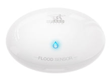 Fibaro Z-wave vanddetektor rund hvid med blåt dråbeikon til vandlækage og oversvømmelsesdetektion.