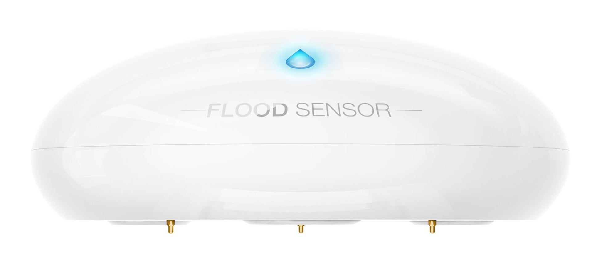 Fibaro Z-wave vandalarm, hvid oval detektor med blå vanddråbe-lys, "FLOOD SENSOR"-tekst og guldkontakter under.