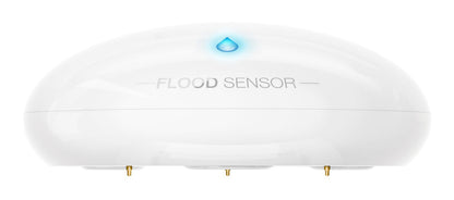 Fibaro Z-wave vandalarm, hvid oval detektor med blå vanddråbe-lys, "FLOOD SENSOR"-tekst og guldkontakter under.