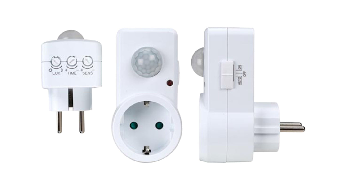 Bevægelsessensor med skumringsrelæ, PIR-sensor, LUX/TIME/SENS-drejeknapper, frontstik med indikatorlys, AUTO/ON/OFF-knap.