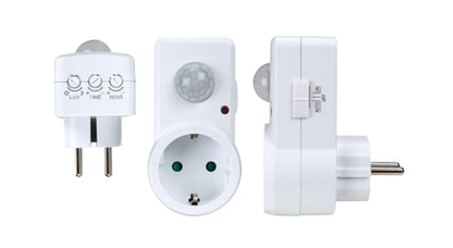 Bevægelsessensor med skumringsrelæ, PIR-sensor, LUX/TIME/SENS-drejeknapper, frontstik med indikatorlys, AUTO/ON/OFF-knap.