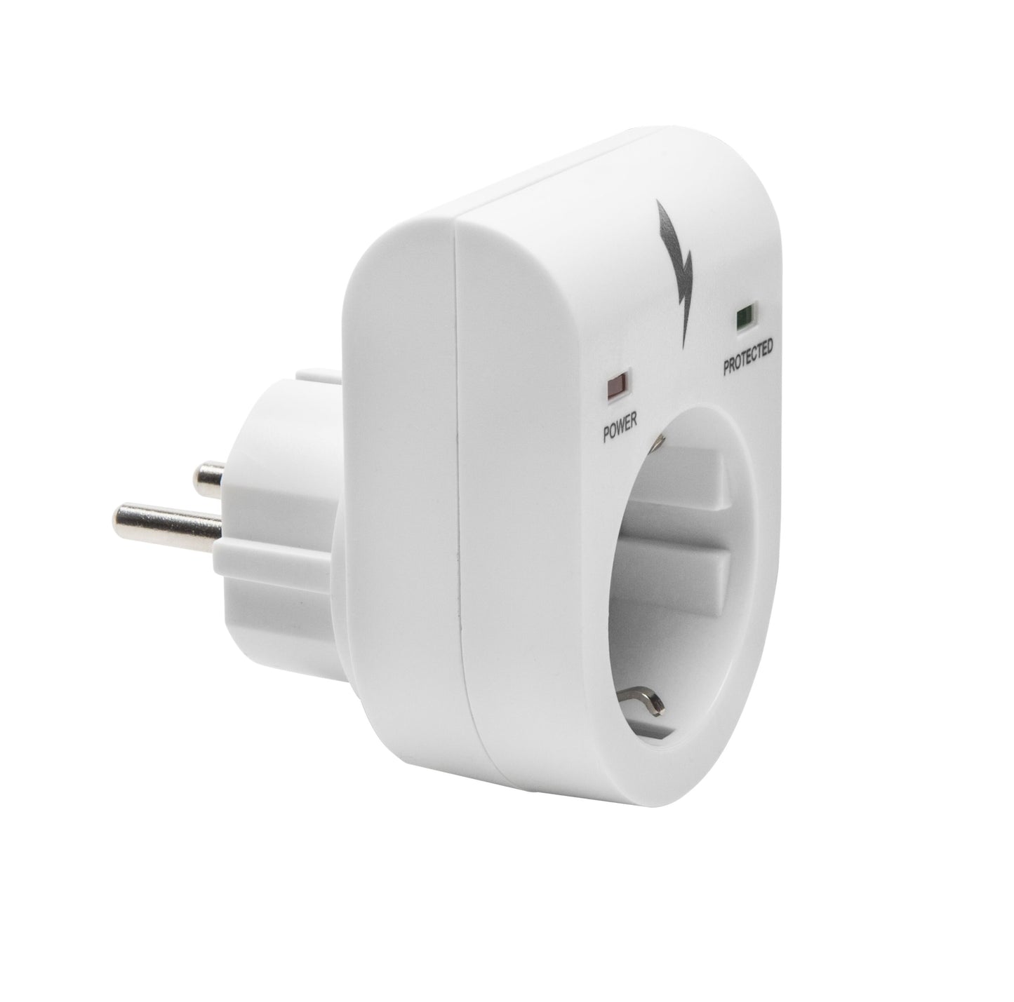 Luxorparts Beskyttelse mod overspænding jordforbundet, hvid stikadapter med udtag, Power/Protected dioder og lynsymbol.