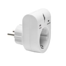 Luxorparts Beskyttelse mod overspænding jordforbundet, hvid stikadapter med udtag, Power/Protected dioder og lynsymbol.