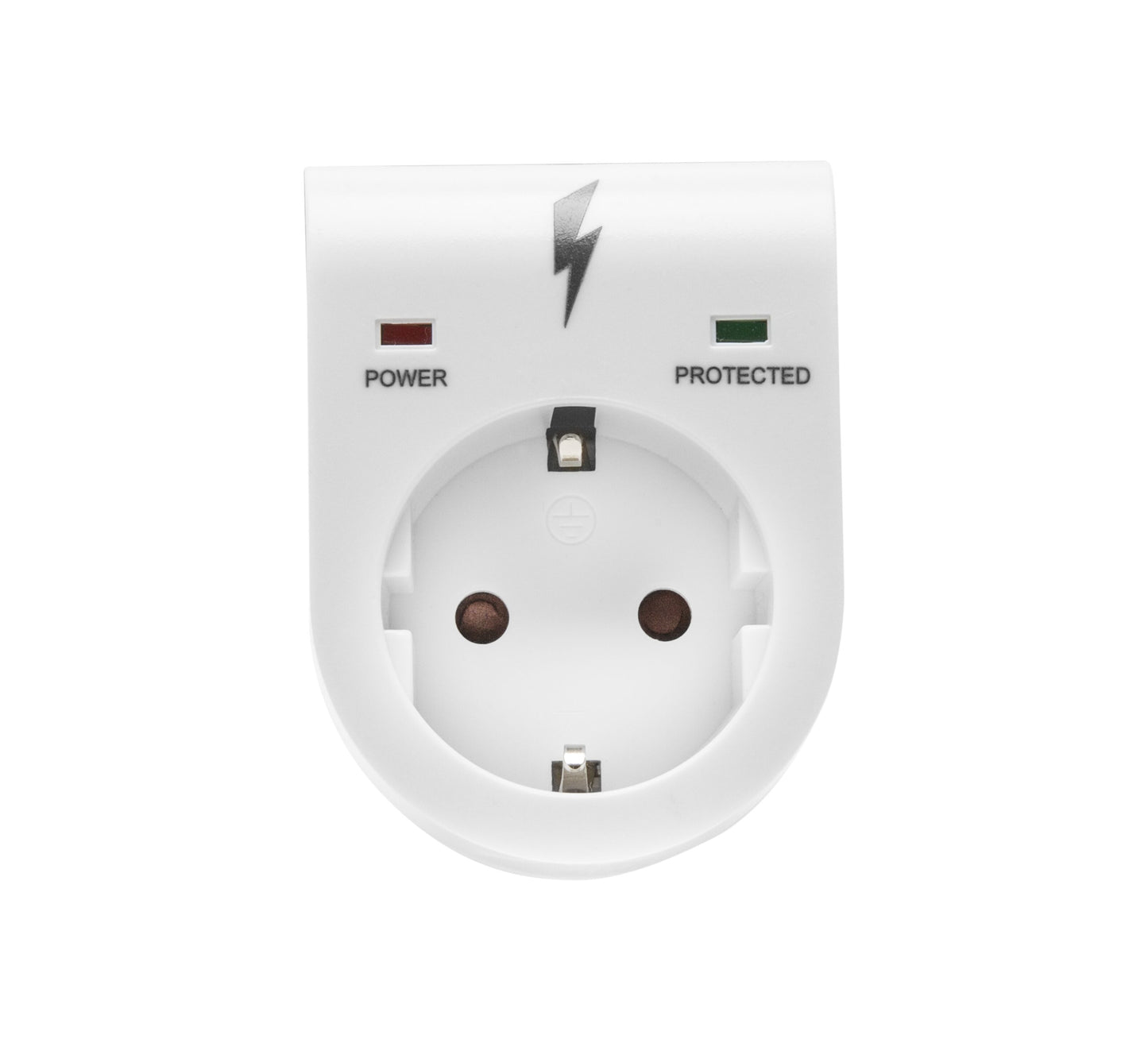 Beskyttelse mod overspænding, hvid jordet stikadapter med Power/Protected indikatorer og sort lynsymbol.