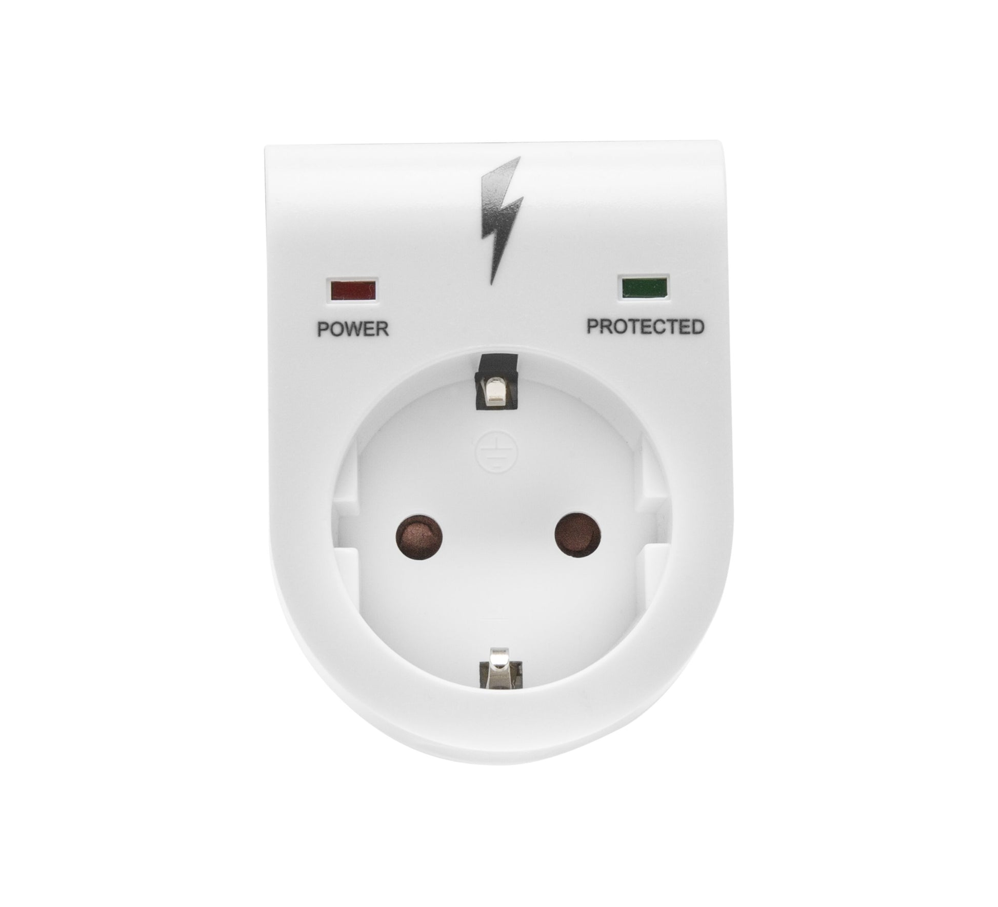 Beskyttelse mod overspænding, hvid jordet stikadapter med Power/Protected indikatorer og sort lynsymbol.