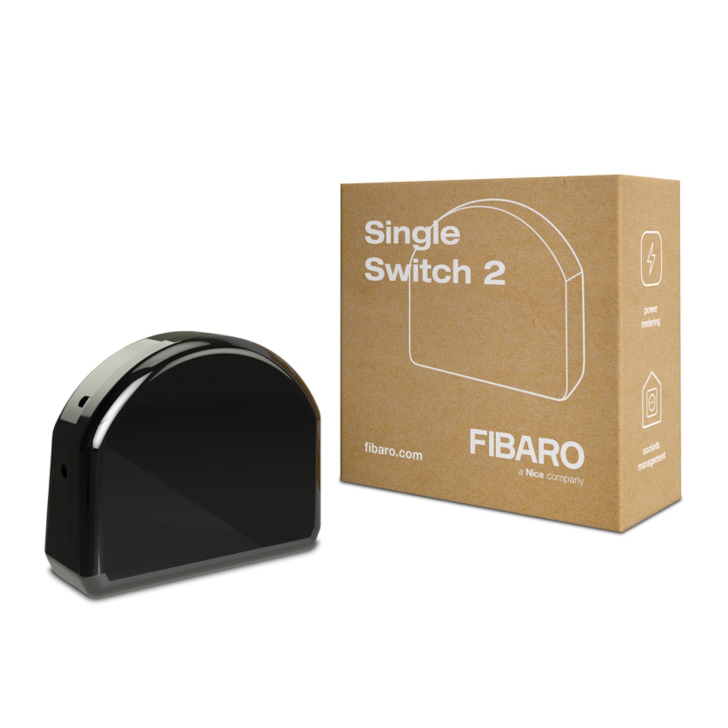 Fibaro Indbygget Z-wave fjernbetjening Single sort ved brun Fibaro æske med ikoner til strøm og mobil integration.