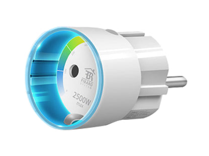Fibaro Z-wave fjernbetjeningskontakt med energimåler, hvid, blå LED-ring, "FIBARO SYSTEM" label, op til 2500W.