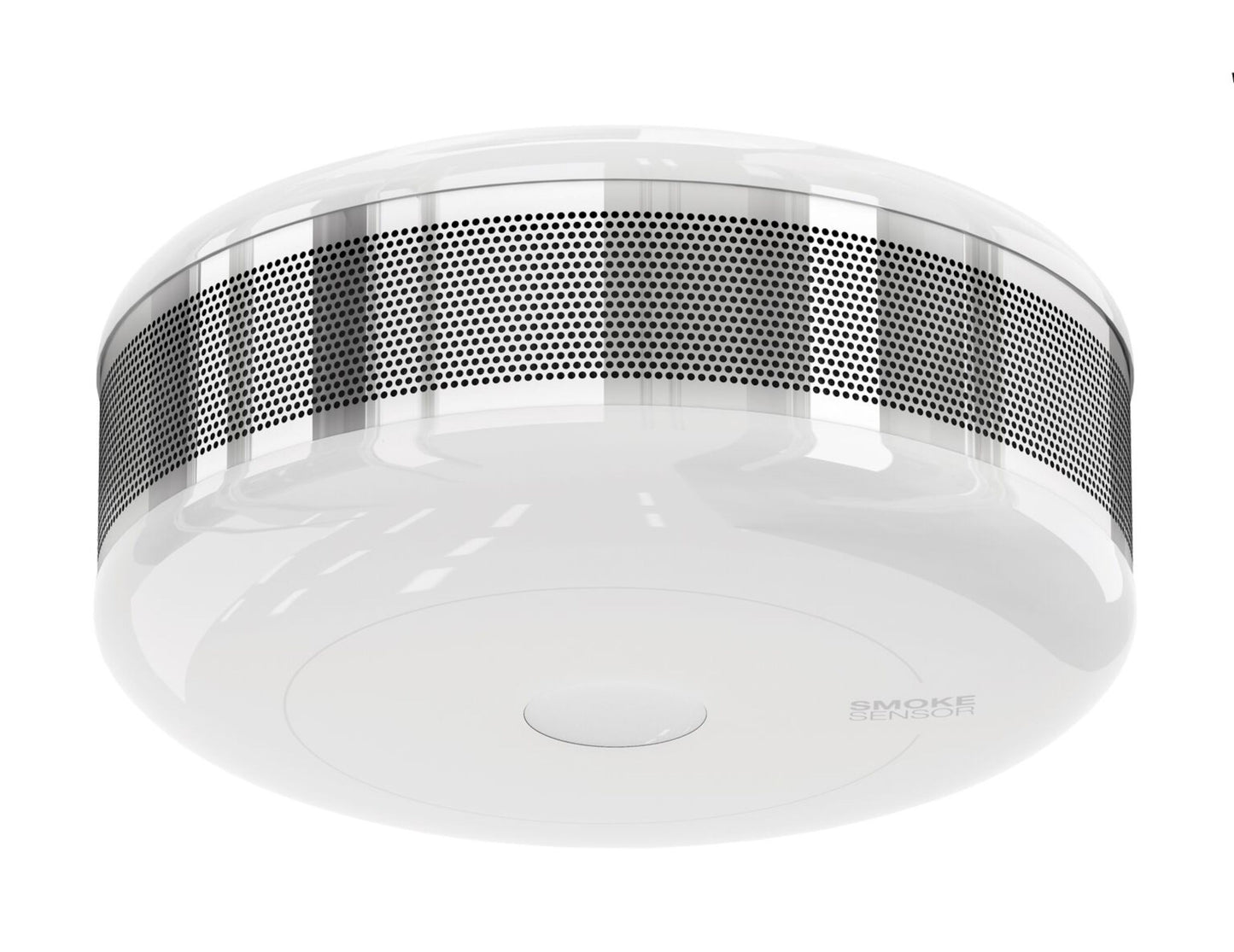 Fibaro Z-bølge-røgalarm, rund model med temperaturovervågning og sort perforeret bånd rundt om midten, loftmonteret.