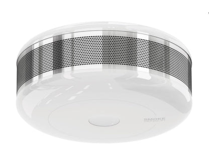 Fibaro Z-bølge-røgalarm, rund model med temperaturovervågning og sort perforeret bånd rundt om midten, loftmonteret.