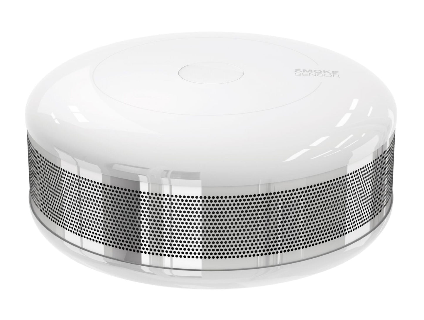 Fibaro Z-bølge røgalarm, rund og hvid med blank top, centerknap, perforeret mesh-side og temperaturovervågning.