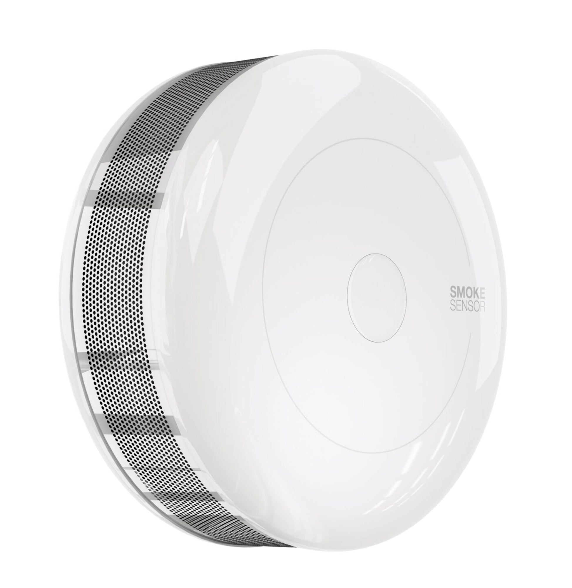 Fibaro Z-wave røgalarm, rund og hvid med ventilerede sider og temperaturovervågning.