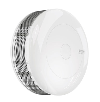 Fibaro Z-wave røgalarm, rund og hvid med ventilerede sider og temperaturovervågning.