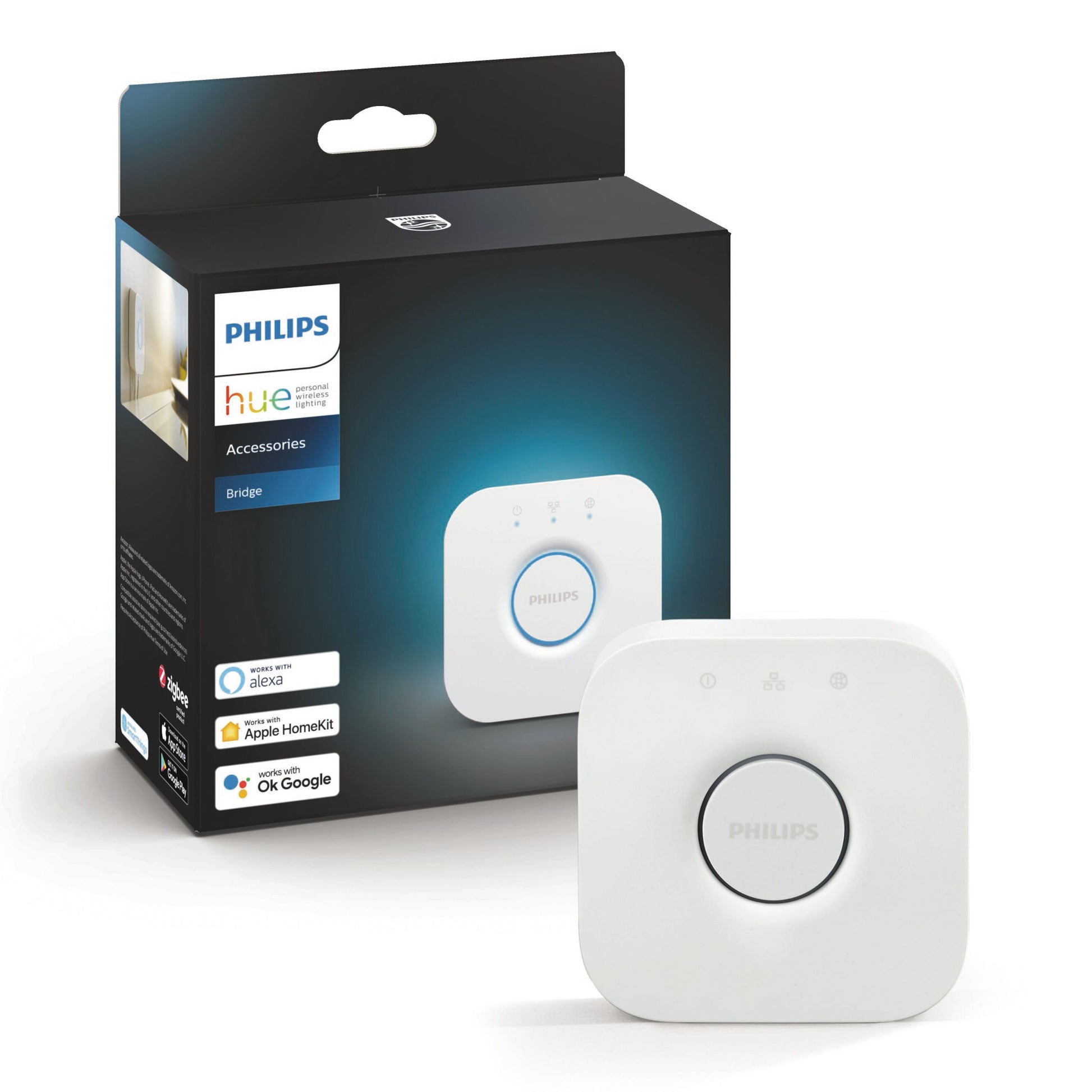 Philips Hue Bridge med sort og blå æske, Philips Hue-logo, understøttelse af Alexa, Apple HomeKit og Google Assistant.