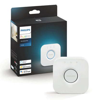 Philips Hue Bridge med sort og blå æske, Philips Hue-logo, understøttelse af Alexa, Apple HomeKit og Google Assistant.