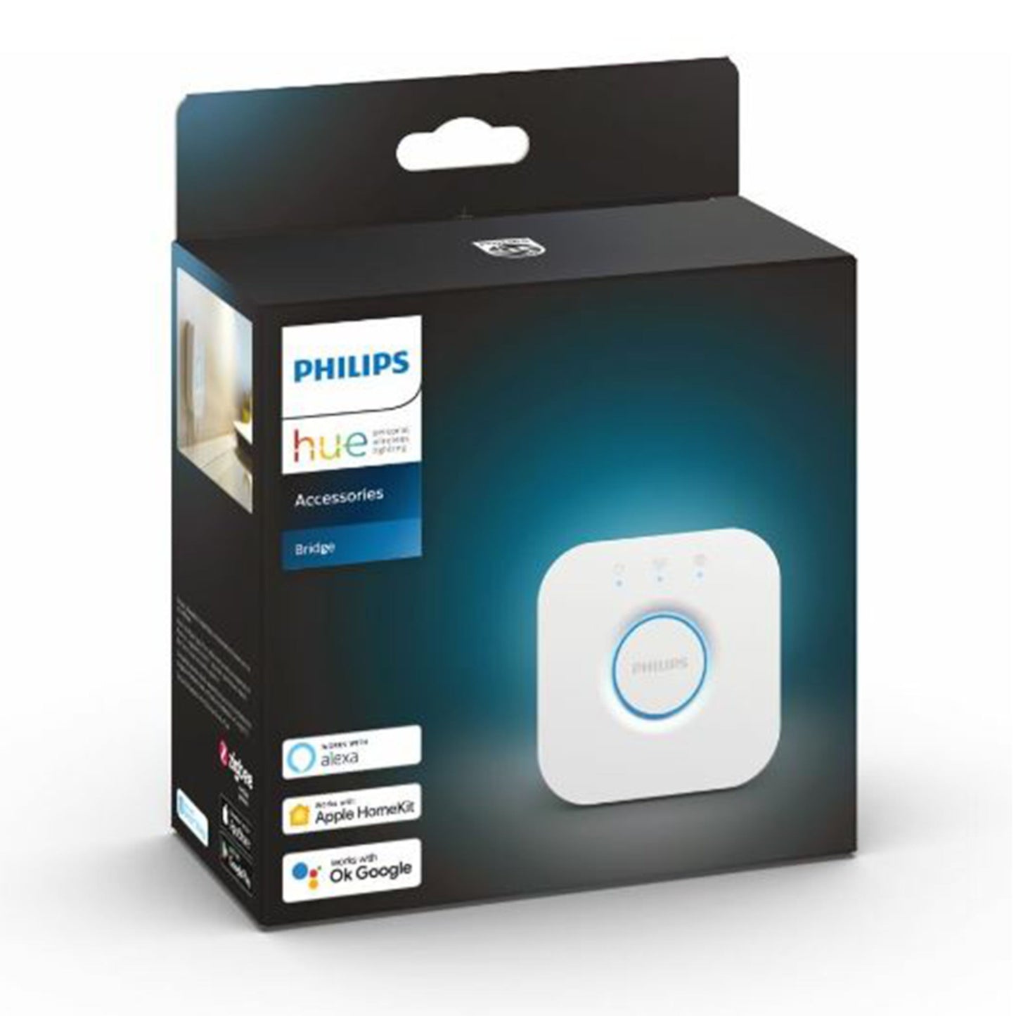 Philips Hue Bridge smart lighting hub sort, med Alexa, Apple HomeKit og Google Assistant logoer på æsken.