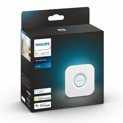 Philips Hue Bridge smart lighting hub sort, med Alexa, Apple HomeKit og Google Assistant logoer på æsken.