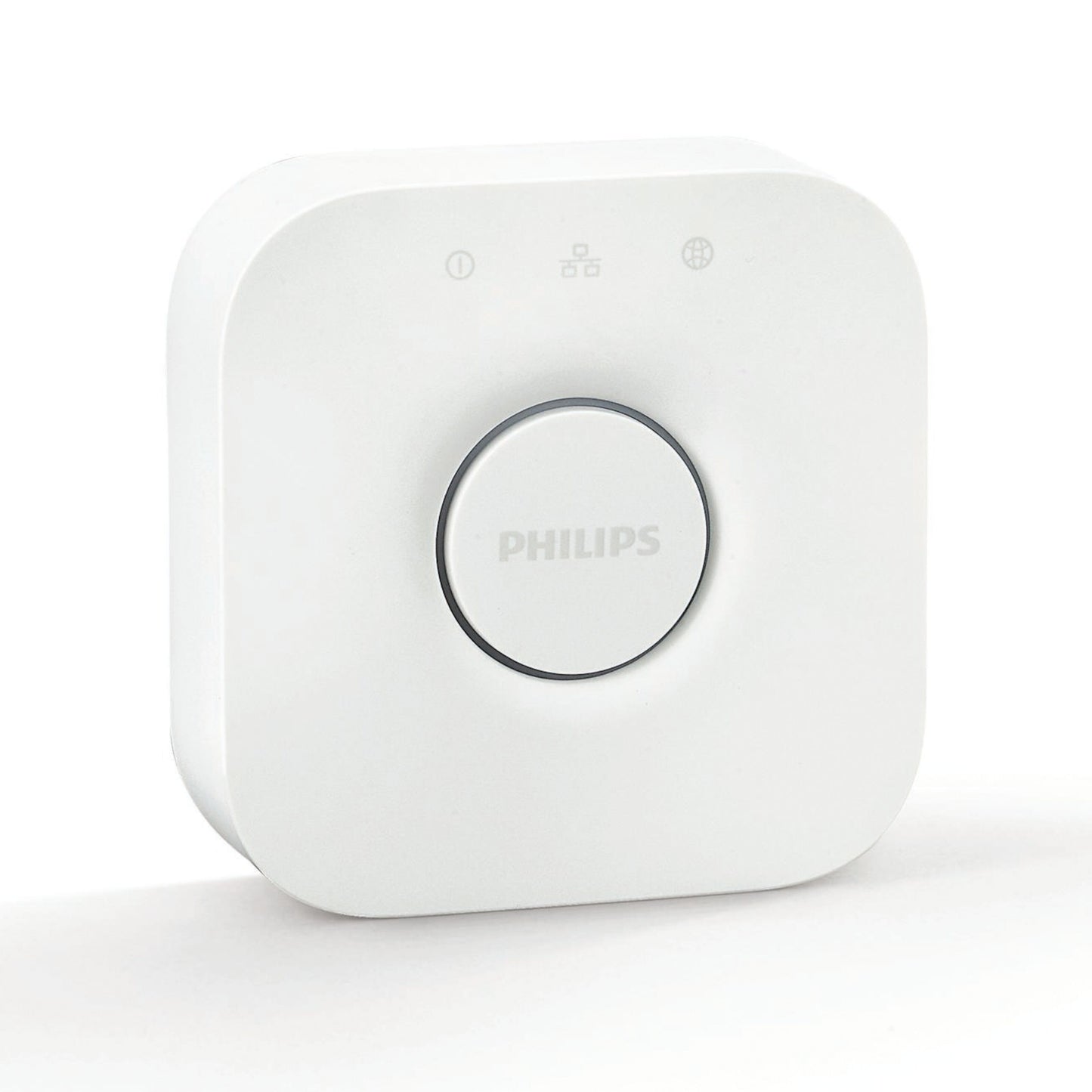 Philips Hue Bridge hvid, kvadratisk med afrundede kanter og central knap til smart home og belysningsstyring.